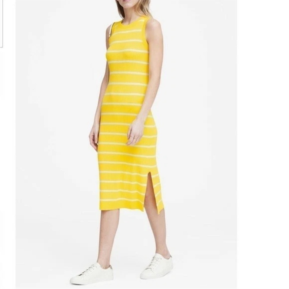 [M]Banana Republic Knit Stripe Sleeveless Dress Yellow White Side Slit